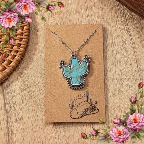 Western Turquoise Stone Decor cactus Pendant Necklace - Picture 1 of 9
